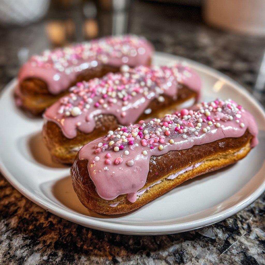 Chocolate Éclairs with Pink Glaze